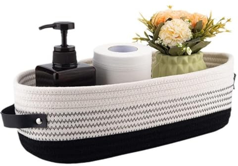 Handmade Cotton Rope Storage Basket with Leather Handles - Nordic Style for Home, Toys Nursery Decor, Skin Care & Desktop Organizer, Small Basket for Storage, Bathroom, Nursery (Black)