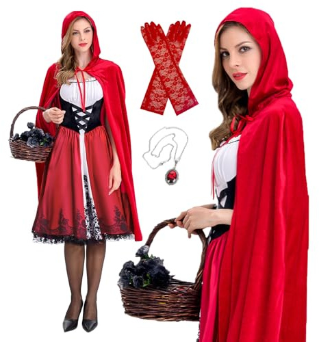 BuzzoXerex Disfraz Caperucita Roja para Mujer, Vestido de Caperucita Roja y Capa con Capucha Adulto, Disfraces Hadas Mujer para Carnaval Cosplay Little Red Riding Hood Halloween (M)