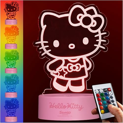 Get Trend Hello Kitty Sanrio Luces LED Acrílica con Control Remoto, 16 Colores y 4 Modos, Lampara Mesita Noche con Brillo Ajustable, Funciona con USB o Pilas (Multi Hello Kitty)