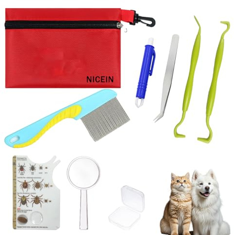 NICEIN Set di zecche per persone, 2 leve per zecche, 1 pinza per zecche, 1 gancio per zecche e 1 pettine per zecche, 1 lente d'ingrandimento, 1 biglietto per zecche, set di zecche con custodia e