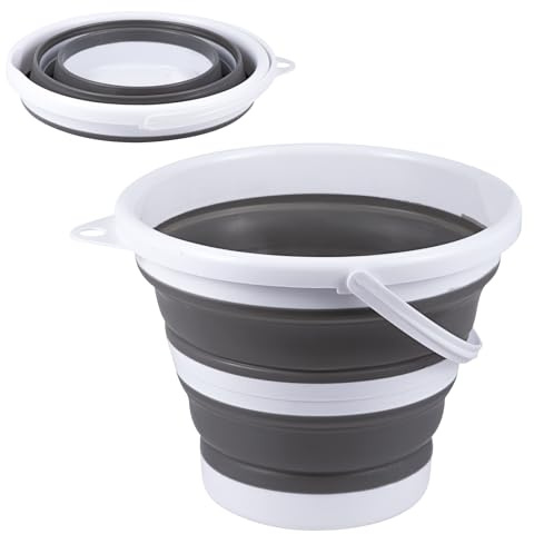 5L Faltbarer Eimer, 5L Falteimer Putzeimer Faltbar, Sandburg Strandeimer, Platzsparend Zusammenklappbar Wassereimer für Draußen Angeln Sandkasten Camping Eimer (Grau Weiß)