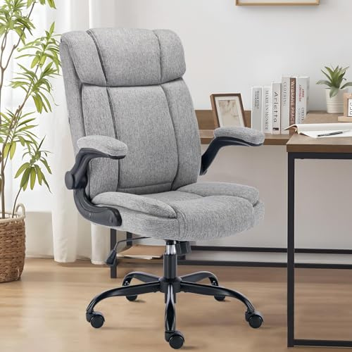 LIYURUI Home Office Chairs High Back Ergonomic Computer Desk Chair Upholstered Swivel Work with Flip-up Armrest, Executive Office Chair Rocking Function 110°, Gray