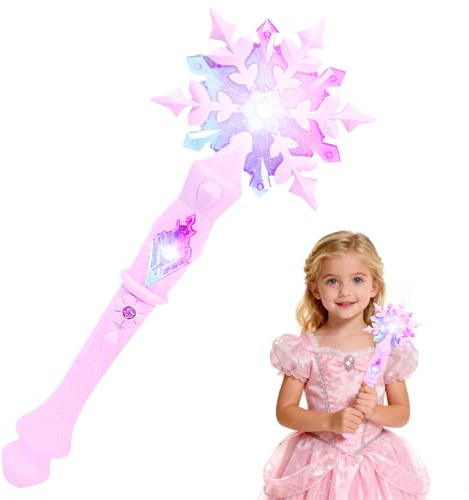Fancysky Varita Mágica Princesa, Varita Luminosa Copo de Nieve, LED Varita-Mágica con Luz y Sonido, 3 DIY Pegatinas, Niña Niños Hadas Carnaval Halloween Navidad Fiesta Cosplay (Rosa)