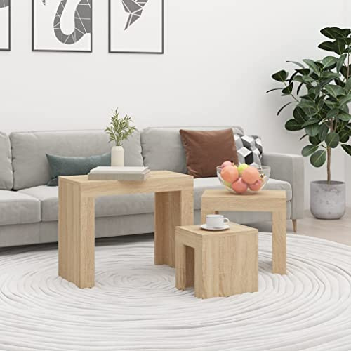 LoogCape satsbord 3 delar. Sonoma-ek träbaserade material, soffbordsset för vardagsrum, sidobord sovrum, platsbesparande stapelbar, enkel rengöring