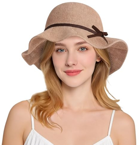 EKKONG Cappello di Paglia Donna, Cappello Estivo Donna, Cappellos Spiaggia Donnas, Cappelli da Sole Donnas per Vacanze al Mare, Feste in Piscina, Giardinaggio, Escursioni (C-Beige)