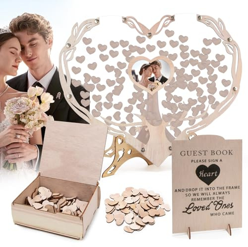 Libro degli Ospiti Matrimonio in Legno con 100 Cuori, Libro Ospiti Alternativo per Matrimonio & Compleanno, Decorazione Matrimoniale Personalizzabile con Portafoto e Area Firma, Include 1 Pennarelli