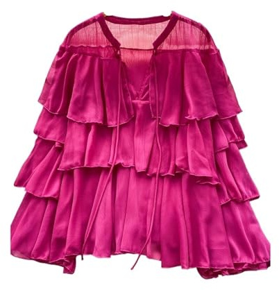Dam volangblus dam skiktad chiffong blus långärmad höst vintage fest transparent ledig enfärgad lös volang bohemisk matchning, Röd ros, one size