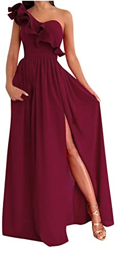 2023 Vestidos Largo Mujer Moda Color sólido Fiesta Vestido de Noche un Hombro Volante Elegante Vestidos de Cóctel sin Manga Extra Larga Casual Vestido Partido Novia Boda Vestir