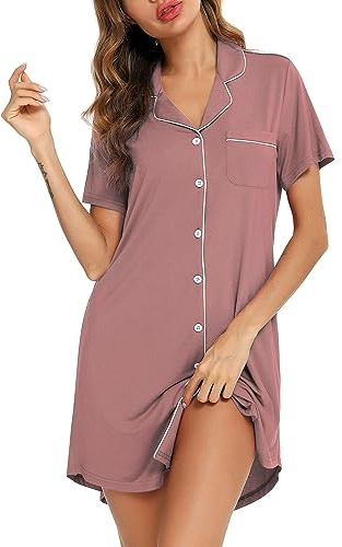 Leikar Button Down Nightgown for Women Short Sleeve Viscose Sleep Shirt Soft Boyfriend Nightshirt Maternity Nursing Pajamas for Breastfeeding Hospital Labor Delivery Postpartum