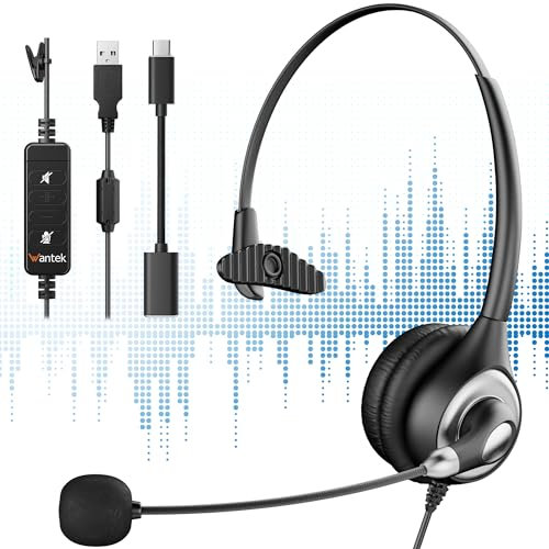 Wantek 601N USB Headphone Mono with Microphone Headset with Noise Canceling Mic Call Volume Control Over-Earphone For Call Center Office Business Team Meetings Gaming Lightweight, Black