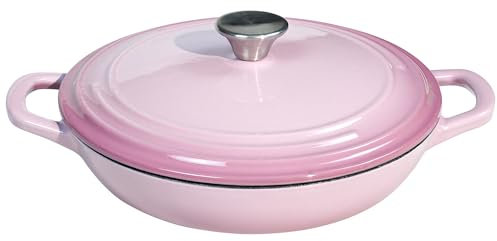 Flavehc Cast Iron Braiser 2.25 qt Pan with Lid - Pink Shallow Casserole