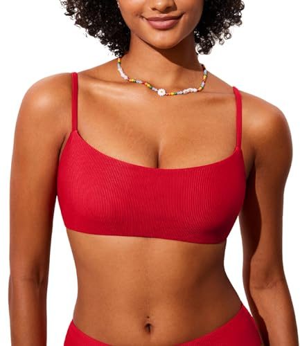 DOBREVA Women's Bikini Top Scoop Neck Bathing Suit Tops Ribbed Adjustable Straps Swimsuit Sexy Padded Swim Bra Lipstick Red Medium
