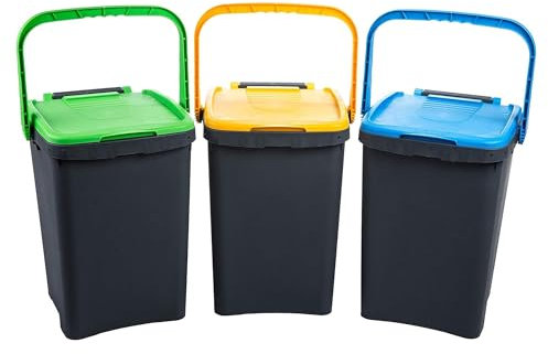 Ecoplast Tris de cubos de basura para recogida selectiva 50 l, colores surtidos amarillo/verde/azul, 43 x 41 x 54,4, fabricado en Italia