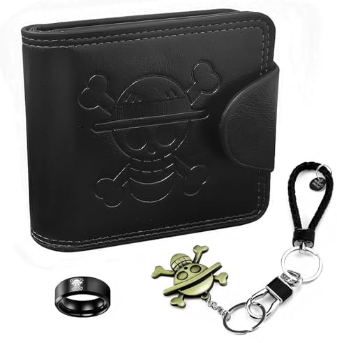LbsAMP Geldbörse aus Leder Anime-Geldbörse mit Schlüsselanhänger und Totenkopf-Ring Cosplay Kreditkartenetui Geschenk für Anime-Fans Teenager(schwarz)