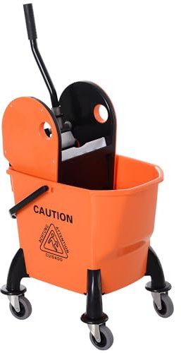 HOMCOM 26L Mop Bucket with Wringer, Mop Bucket on Wheels with Carry Handle, Mop Holder, Plastic Body for Household, Orange