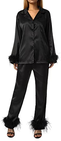 SYHVGI Women Feather Trim Pajamas Set Long Sleeve Button-Down Lapel Collar Tops + Pants Sleepwear Set Silk Satin Loungewear (Black, XL)