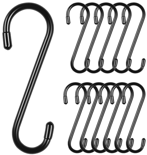 samhard 12 Pack Heavy Duty S Hooks, Vinly Coated 6 Inch Large Metal S Hooks for Hanging Plants, Non Slip Black Hanger Hooks for Closet Hanging Jeans, Baskets, Lights, Pot, Pans, Cups, Bird Feeder