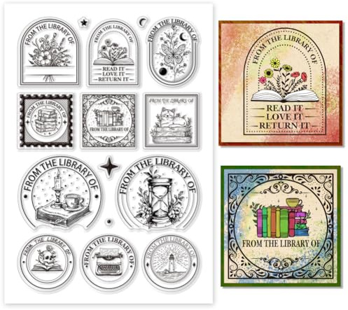 PH PandaHall from The Library of Clear Stamp - Sello de silicona personalizado para libros, estantería, sello transparente de lectura para tarjetas de biblioteca, álbumes de recortes, decoración de