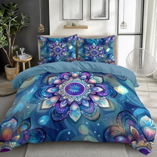 Set Copripiumino 220 x 240 cm Stampa Mandala di Arte Fantasy, Biancheria Anti-Allergica di Lusso Copripiumino con Mandala, Perfetto per Case Moderne Traspirante e Delicato sulla Pelle