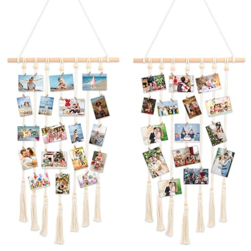 Nicrulp Set 2 Cornici Foto Multiple da Parete, Portafoto da Parete Multiplo, Porta Bacheca Foto, Cornice Multipla Appendi, Contiene 30 Clip In Legno e 7 Corda di Canapa, per Decorazione Della Casa
