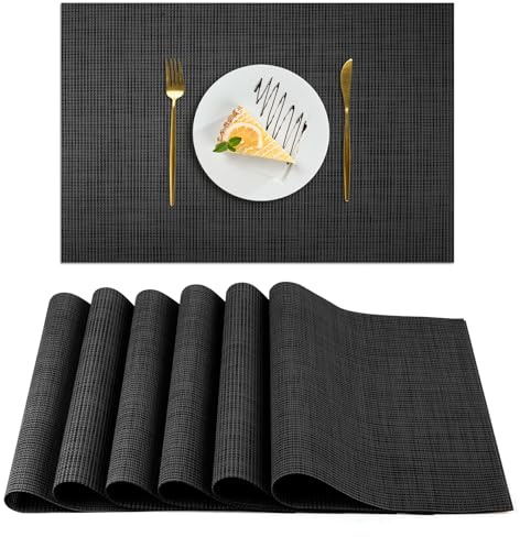 AUAUY Juego de 6 Manteles Individuales Lavables, 30X45cm PVC Antideslizantes Salvamanteles Individuales para Cocina, Manteles Antimanchas Resistentes al Calor para Comedor, Restaurante (Negro)