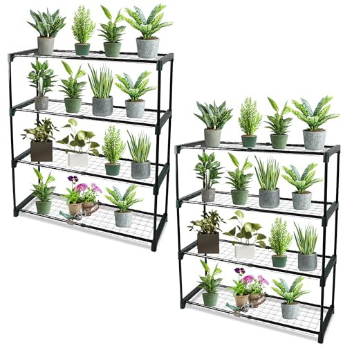 DIVCHI 4-Tier Garden Storage Shelves | Shelving Unit | Greenhouse Shelf | Shed Rack | Plant Racks | Garage Racking | Green House Staging - Easy No Tool Assembly (Pack Of 2) (Flower Pots Not Included)