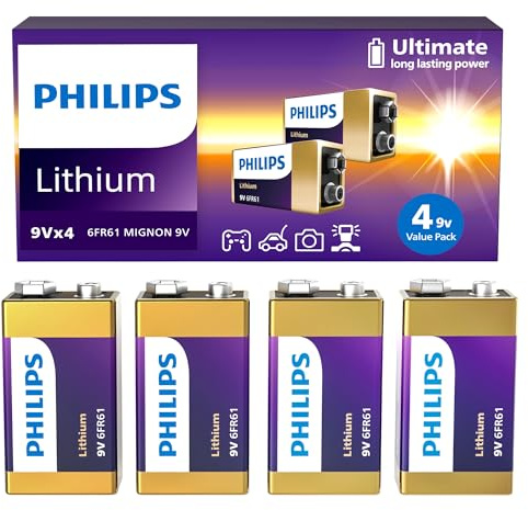 Philips 9V Batteries Lithium 9 Volt Battery 4 Pack Ultra Long Lasting 9V Battery for Household and Office Devices Smoke Detector (Non-Rechargeable)