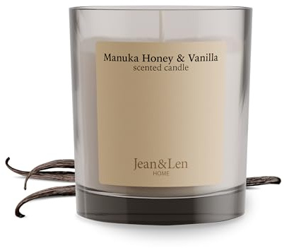 Jean & Len Candela Profumata Manuka Honey & Vanilla, realizzata con burro di karité, durata circa 40 ore, design minimalista, profumo caldo e sensuale, vegana, 195 g