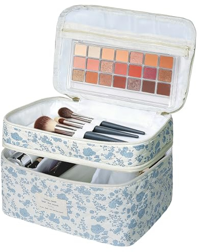 Gosect Makeup bag, Large Cosmetic Bag for Women Girls, Cute Quilted Make Up Bags, Floral Coquette Aesthetic Toiletry Bag, Travel Make Up Organizer Bag (Blue Flowers)
