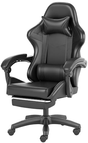 ADOV Chaise Gaming Ergonomique avec Repose-Pieds, Coussin Lombaire et Appui-Tête, Fauteuil Gamer Inclinable 140° Confort Jeu Un Travail, Siège Gaming Bureau Adulte en Cuir PU Noir (Noir)