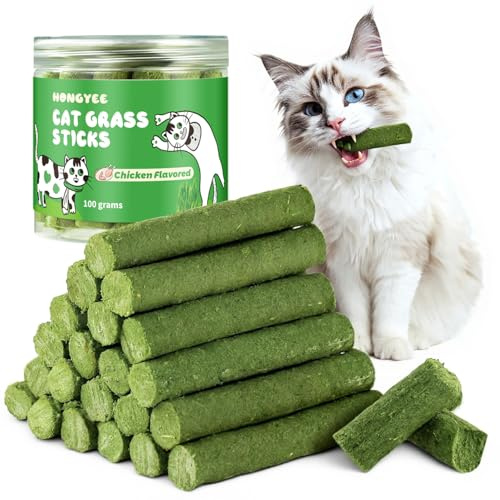 HONGYEE 20Pcs Cat Grass Stick Snacks (100g), Freeze Dried Snacks, Catnip, for Cat Dental Care and Hairball Removal, Pampering Gastrointestinal System