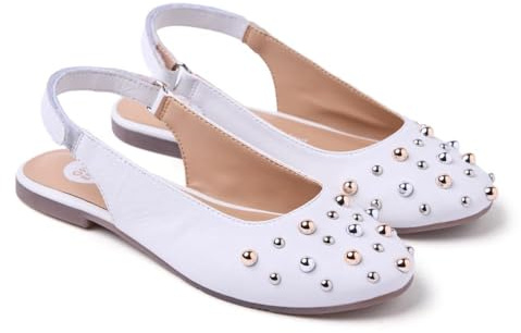 Gioseppo NAMANYE - Bailarinas de Piel con Detalle de Tachas Plateadas, Cierre Ajustable en el Talón, Planta Acolchada, Suela Flexible de TPR, Puntera Redonda, Color Blanco, Talla 39