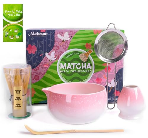 Matesen Matcha Kit Polvere di gradiente, Set Matcha da 5 Pezzi, Kit Matcha Completo, Accessori per la Cerimonia del Tè Giapponese, Supporto per Frusta Matcha, Confezione Regalo Matcha per Natale