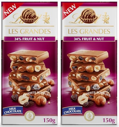 New Lint Les Grandes Chocolate Bar with 34% Fruit & Nut, Milk and Dark 150g, Filled with Roasted Hazelnuts Suitable For Vegetarian Perfect for Christmas & New Year (x2, Fruit & Nut)