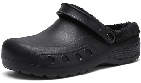 FLIOZY Herren Winter Clogs Gefüttert Warm Wasserdicht rutschfest Hausschuhe mit Verstellbarem Riemen – Bequeme Fleece Garten & Arbeitsschuhe für Innen und Außen All Black 48