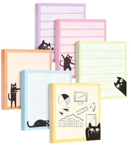 Sticky Notes 3''x3'' Cute Self-Stick Notes,6 Pack Funny Black Cat Notepad for Cat Lover Gift, Cute Cat Office Supplies, Easy Post Sticky Notes 480 Sheet Total