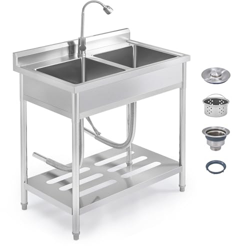 Garvee 2 Compartment Stainless Steel Commercial Sink, Double Bowl Utility Sink with 360° Swivel Faucet, Storage Shelf & Adjustable Feet, Freestanding Prep Sink for Restaurant, Garage, Workshop, Outdoo