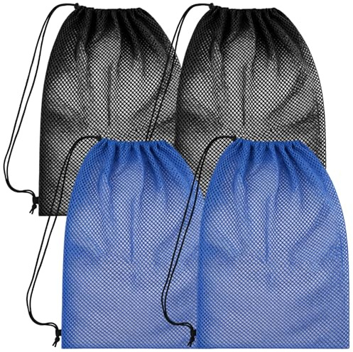 4Pcs Mesh Gear Bag for Snorkel, 19 x 27 Large Mesh Swim Bag, Polyester Dive Bag, Drawstring Snorkel Backpack for Snorkeling Trip, Wetsuits, Swimming Gear, Beach and Sports Equipment (Black & Blue)