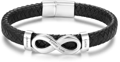 Wamantic Bracelet Cuir Personnalisé Homme - Bracelet Infinity Gravé avec Noms/Texte Noir Cadeau pour Père/Époux/Partenaire pour Fête des Pères Anniversaire Noël (2 nom)
