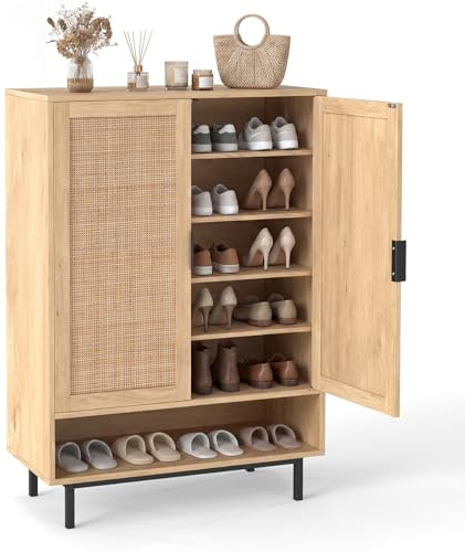 COSTWAY Shoe Cabinet with 2 Rattan Doors, 6-Tier Shoe Cupboard (Natural)