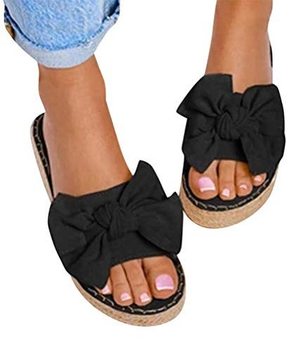 Minetom Damen Sommer Sandalen Lässige Flache Schuhe Plateau Flat Heel Elegant Espadrilles Römersandalen Pantoletten Peep Toe Flip Flop Schuhe Strandsandalen A Schwarz 39 EU