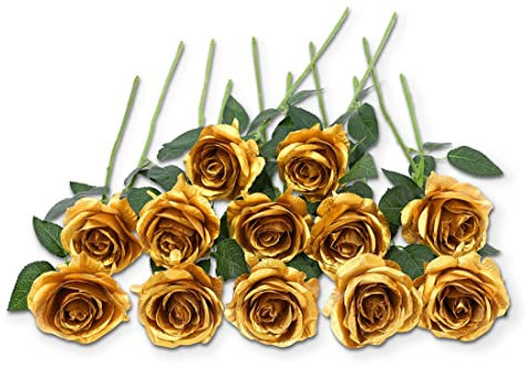 Laelfe 12 Pcs Gold Roses Artificial Flowers, 53 cm Single Long Stem Faux Silk Gold Flowers Fake Roses for Christmas Wedding Bridal Bouquet Home Party Hotel Decorations (Golden)