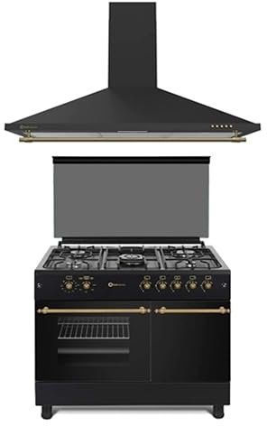 PACK COCINA A GAS F9LT50G2 PORTABOMBONA NEGRA RÚSTICA + CAMPANA DECORATIVA NEGRA RÚSTICA/ANCHO 90 CM/FUEGOS CON ENCENDIDO AUTOMATICO/HORNO 64 L.