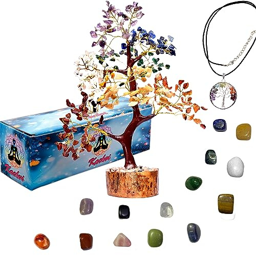 Árbol de cristal KACHVI. Regalos de cristal de meditación espiritual para mujeres. Árbol de cristales. Decoraciones para sala de estar. 300 cuentas. Con 14 piedras naturales y árbol de la vida.