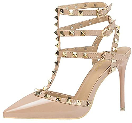 bbruriy Sandalias de tacón para Mujer Remache Correa en el Tobillo Tacones Altos Stiletto Tachuelas T-Strap Puntiagudo Cerrado Slingback Vestido de Fiesta Nupcial Zapatos de tacón cómodos,Marrón,38