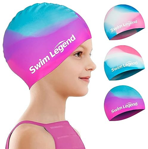 Badekappe Kinder Lange Haare, Schwimmkappe für Mädchen Jungen im Alter von 6 bis 10 Jahren, 3D Dehnbare & Bequeme Badehaube, Silikon wasserdichte Schwimmhaube (B02)