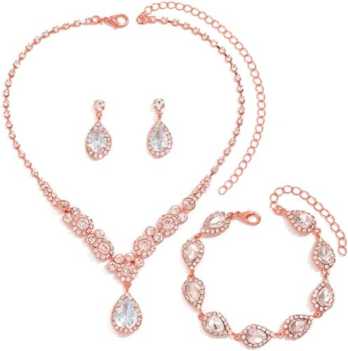 FDEETY Jewelry Sets for Women Rhinestone Necklace Bracelet Dangle Earrings for Bride Bridesmaid Crystal Cubic Zirconia Bridal Wedding Jewelry (Rose Gold)