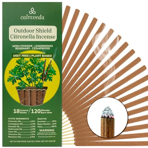 Natural Citronella Incense Sticks Outdoor - (18 Sticks, 40 hrs Protection) for Safety on Patio, Camping etc | DEET Free, Powered with Indian Neem & Essential Oils
