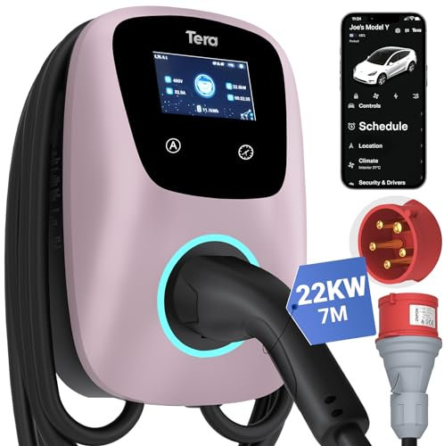 Tera EV Ladegerät Smart APP: 32A Typ 2 22kW oder 11kW Heim Ladestation 400V CE & TÜV Wallbox 7m Ladekabel mit Ladegerätehalter App-Steuerung CEE 3-Phasen Stecker für Alle EVs und PHEVs W01 Mattrosa