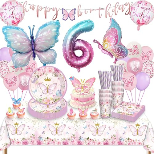 Decoration Anniversaire Papillon 6 Ans, Papillon Vaisselle de Fête Assiette, Kit Anniversaire Fille papillon 6 Ans, Nappe, Ballon, Gobelets, Serviettes Pour Decoration Filles 16 invités